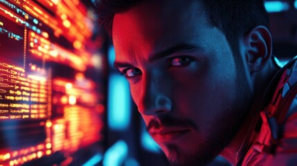 A close-u p shot of a developer's face lit by the glow of multiple screens displaying lines of code, in a dark, high-tech environment.