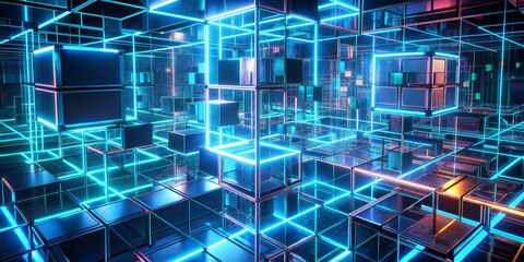 Obraz premium Neon Gridscape 3D Render of Interlocking Cubes with Vivid Blue and Orange Lights, Abstract , Architecture , 3D Rendering