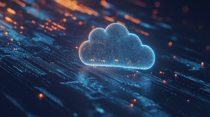 glowing digital cloud icon floats over network of data lines, symbolizing cloud technology and data storage. futuristic design highlights innovation and connectivity
