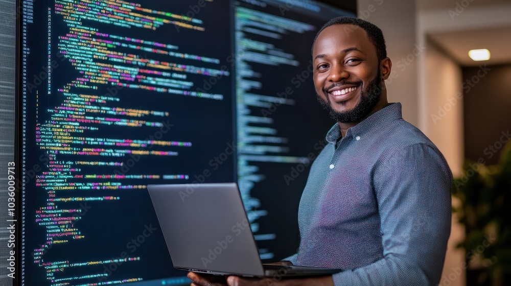 Poster a cybersecurity specialist smiling confidently while holding a laptop in front of a large monitor di
