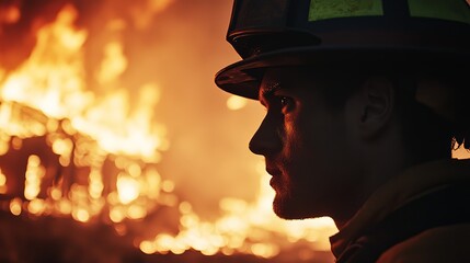Side profile of a Caucasian male firefighter in front of a blazing fire.
