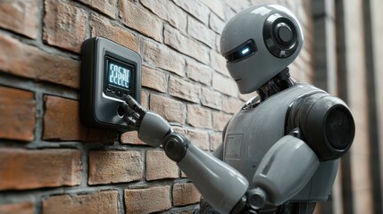 A futuristic robot in a grey uniform installs a utility meter on a brick wall.