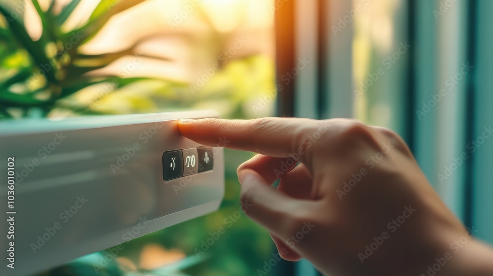 Wall mural a hand presses a button on a white control panel, possibly for a thermostat or other home automation