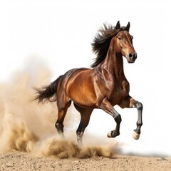 Brown horse running fast through the sand, creating a cloud of dust behind it