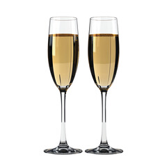 Two champagne glasses filled with bubbly beverage on white isolated background.