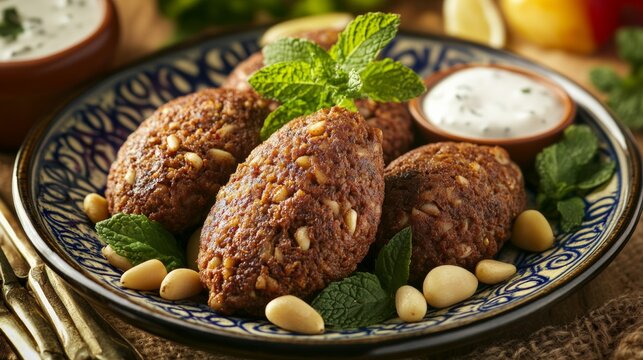 A delightful plate of Lebanese kibbeh nayeh, finely ground raw meat mixed with bulgur wheat, onions