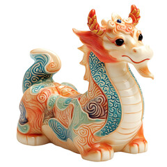 Ceramic dragon statue with intricate patterns, white isolated background.