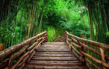 Obraz premium Bamboo forest with wooden walkway in the tropical rainforest.