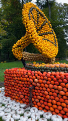 Pumpkin Crafts at fall harvest festival. Halloween farmers market. Concept of seasonal produce, country market and festive fall decorations.