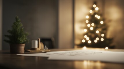 Festive construction office interior with holiday decor and architectural plans