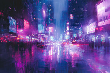 Vibrant Neon Cityscape: Night Rain Reflections in Urban Streets
