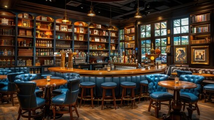 A beautifully designed modern bar with a classic touch, featuring rich wooden interiors, plush seating, and a well-stocked beverage selection in an inviting environment