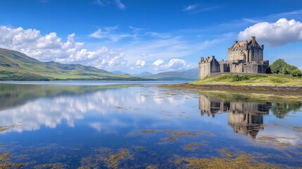Obraz premium A beautiful castle stands proudly by the lake its reflection shimmering in the calm waters