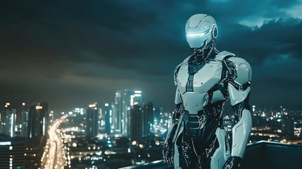 Futuristic Robot Overlooking Cityscape at Night