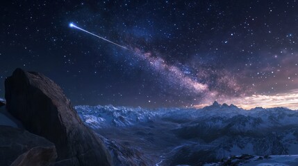 Naklejka premium A stunning panoramic stock photo capturing the Alpha Monocerotid meteor streaking across the sky amidst the mesmerizing view of the Milky Way galaxy and the Orion constellation