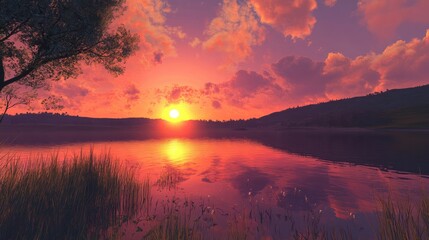 A vibrant sunset over a tranquil lake with reflections.