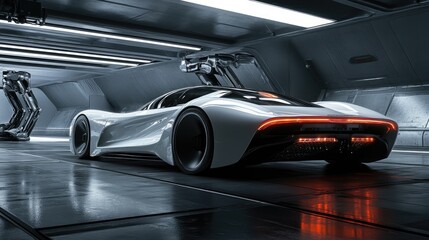 Futuristic Sleek White Car in Advanced Space Garage