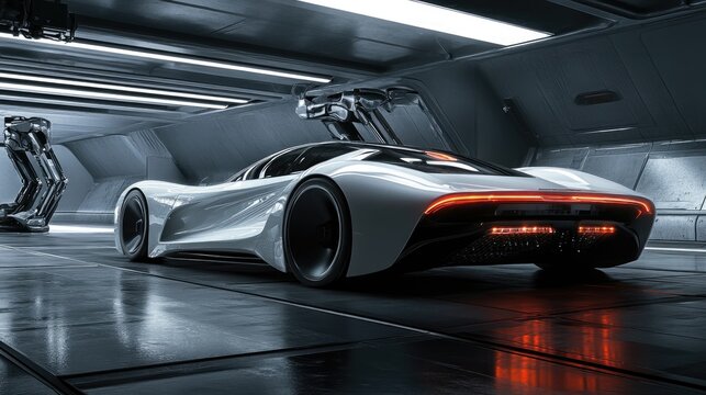 Futuristic Sleek White Car in Advanced Space Garage