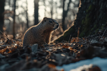 Groundhog's front view. A groundhog looks out from its hole in nature. Groundhog Day is a holiday.