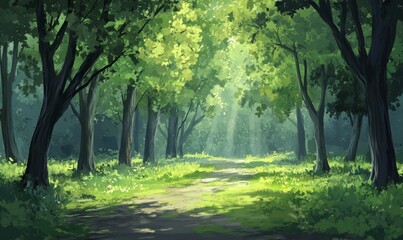 Naklejka premium Softly swaying trees in a quiet forest, showcasing the natural rhythm of the wind in the leaves