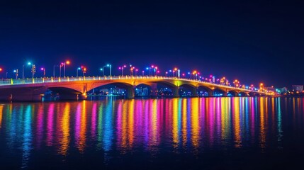 Fototapeta premium Brilliant lights adorn the bridge at night casting shimmering reflections on the water below
