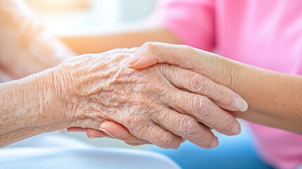 Elderly and young hands clasped together, symbolizing care and connection, AI