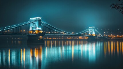 Fototapeta premium The stunning bridge glows beautifully against the night sky mirrored on the calm river