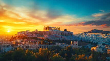 Fototapeta premium The majestic Acropolis shines under vibrant sunset hues casting a breathtaking sight