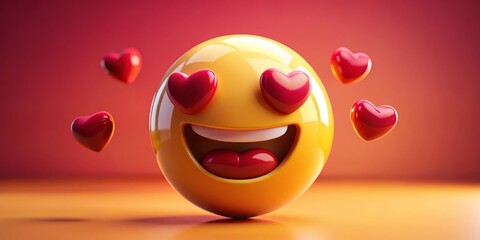 Smiling Emoji with Heart Eyes 3D Rendering, red background, orange ground, love, happiness, emoji, 3d render