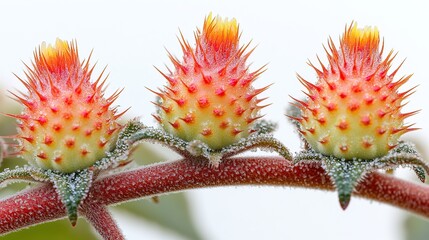 Colorful spiky fruits on a plant stem.