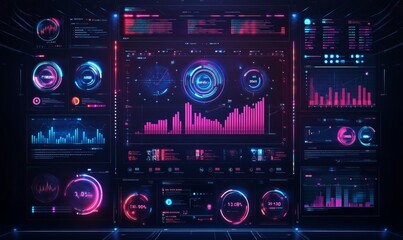 Modern cyberspace with UI and HUD. Modern Business Background with graphic, charts, infographic, big data and indicators. Modern Economics and Big Data Analysis. HUD business background