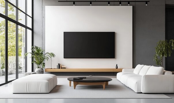 Modern minimalist office aesthetic large TV screen wall mounting technology innovation concept upscale corporate lobby design cool calm serene focus attention grabber statement piece center attraction