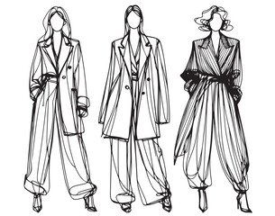 Black line hand drawn line fashion illustration. Girls in coat