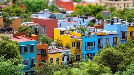 Colorful urban buildings surrounded by greenery.