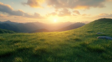 Fototapeta premium Beautiful nature summer scene with green grass on mountains hills and sunset cloudy sky over mountains as background looking at wide angle lens