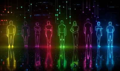 Neon silhouette of diverse people on futuristic business graph representing teamwork isolated on black background