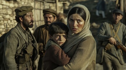 Fototapeta premium A civilian family being separated as soldiers take away the men, the mother clinging to her son in desperation, while the father is dragged away