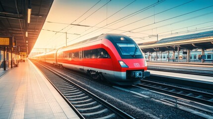 A red train pulls away from a contemporary station as the morning sun casts a warm glow