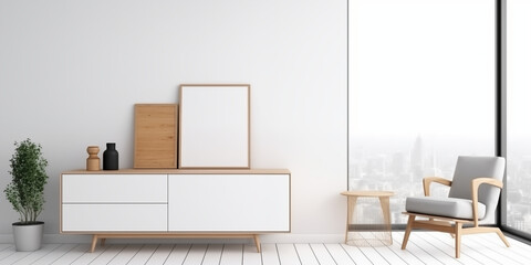 Fototapeta premium Vertical wood frame mockup in living room interior with window light shadow. 3d rendering, 3d illustration