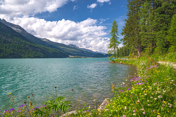 Hiking trail on the shore of Lake Silvaplana (Silvaplanersee) in the Upper-Engadine valley of...