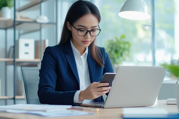 Asian businesswoman in office using smartphone while working on laptop. She wears glasses and blue suit, appearing focused and professional. Image conveys productivity, technology, modern work