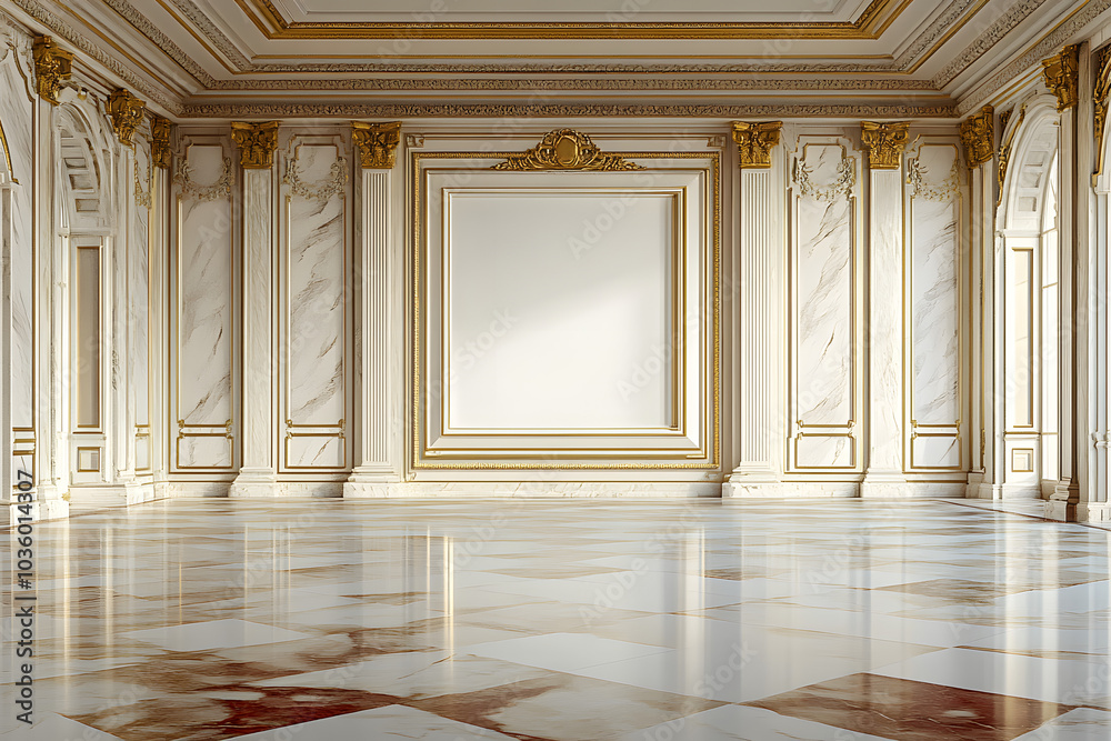 Sticker A large empty room with a white frame on the wall. The room is decorated with marble and gold accents