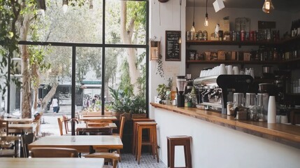 Cozy Cafe Interior with Natural Light and Greenery
