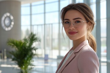 Smiling young professional in corporate attire standing in a bright office environment.