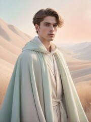 Young man in pale green cloak standing in desert landscape