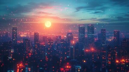 Fototapeta premium Cyberpunk City: A Futuristic Cityscape with Glowing Lights. Double exposure.