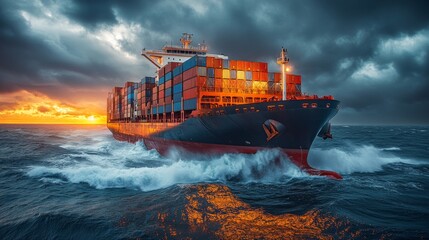 A cargo ship braves stormy seas as the sun sets, casting a warm glow on the water and illuminating the colorful shipping containers stacked high aboard.