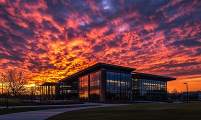 Obraz premium Silhouetted building against vibrant sunset with dynamic clouds
