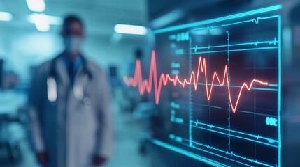 Hologram of vital signs and heart rate with a blurred doctor in the background, blurred background image in a hospital, white tones and bright light, copy space