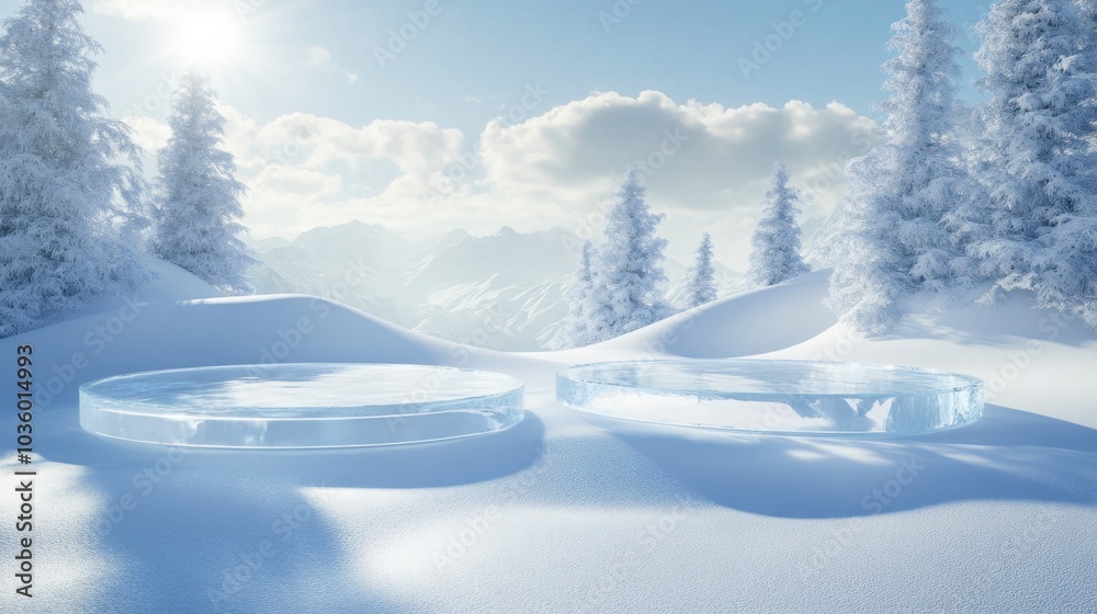 Poster Two large circular ice formations rest on a blanket of fresh snow, surrounded by tall evergreen trees. The bright blue sky enhances the tranquility of this peaceful winter wonderland.